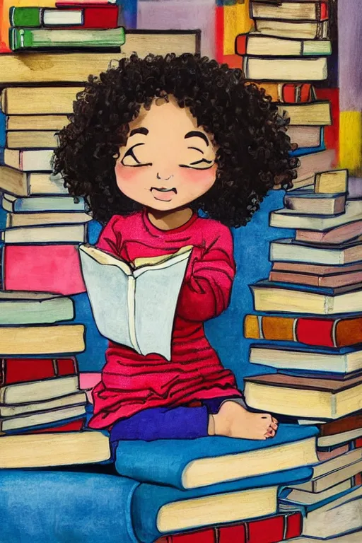 Image similar to a cute little girl with short curly brown hair and blue eyes sits cross legged on top of a tall pile of books. she is reading. clean pretty cartoon painting, beautiful detailed face.