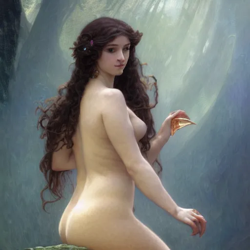 Image similar to portrait of mermaid goddess, intricate, elegant, highly detailed, digital painting, artstation, concept art, smooth, sharp focus, illustration, art by artgerm and greg rutkowski and alphonse mucha and william - adolphe bouguereau