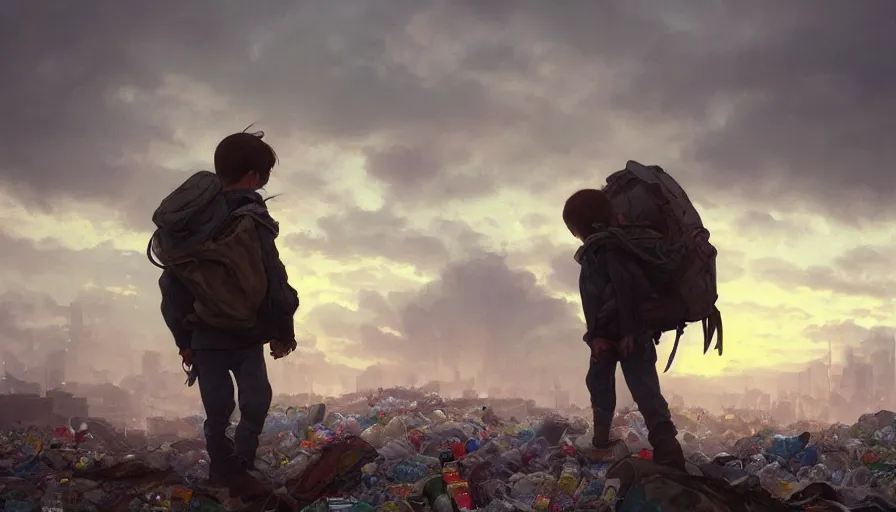 Image similar to poor detailed child with backpack looking for food at garbage dump, city is pure wasteland, moody sunset in background, greg rutkowski, alphonse mucha, trending on artstation, artgerm, unreal engine, breathtaking, award winning, highly detailed