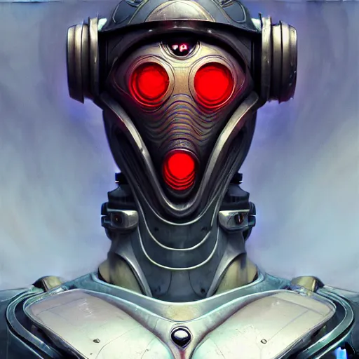 Image similar to low angle shot of a cyberpunk gazmask robot character, intricate, elegant, highly detailed, centered, digital painting, artstation, concept art, smooth, sharp focus, illustration, artgerm, Tomasz Alen Kopera, Peter Mohrbacher, donato giancola, Joseph Christian Leyendecker, WLOP, Boris Vallejo