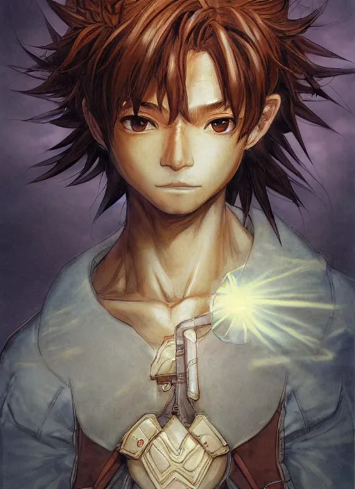 Image similar to prompt : ragnarok online portrait soft light painted by james jean and katsuhiro otomo, inspired by akira anime, epic fantasy, a young long haired peasant boy with dark skin, brown skin, a dark complexation in plain fantasy clothing with intelligent eyes, intricate oil painting, high detail illustration, sharp high detail, manga and anime 1 9 9 9