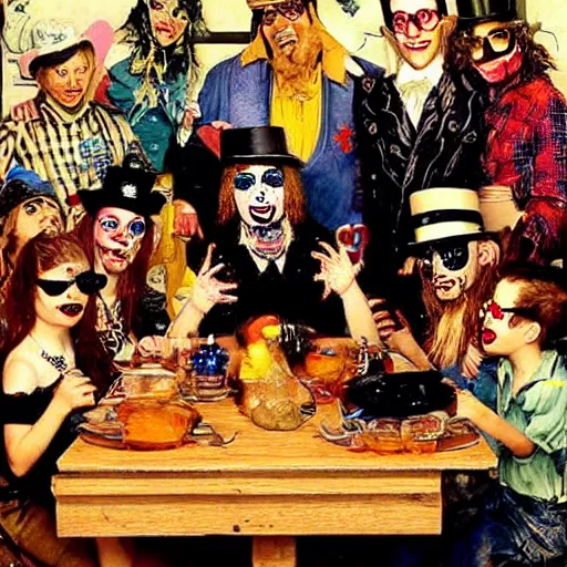 Image similar to steampunk kid rock at thanksgiving dinner with a group of juggalos, in the style of norman rockwell,