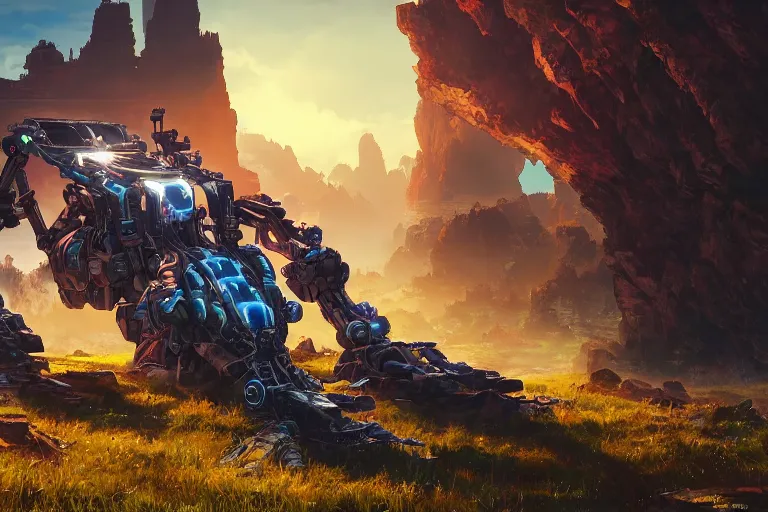 Image similar to rockbreaker machine mecanical creature robot of horizon forbidden west horizon zero dawn radiating a glowing aura global illumination ray tracing hdr fanart arstation by ian pesty and alena aenami artworks in 4 k