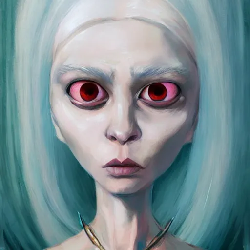 Image similar to portrait of small, cute, rubbery, huge-eyed, big-lipped albino mutant priestess with elaborate white hair with serious expression; science fiction concept art by Anato Finnstark, Margaret Keane, Greg Rutkowski