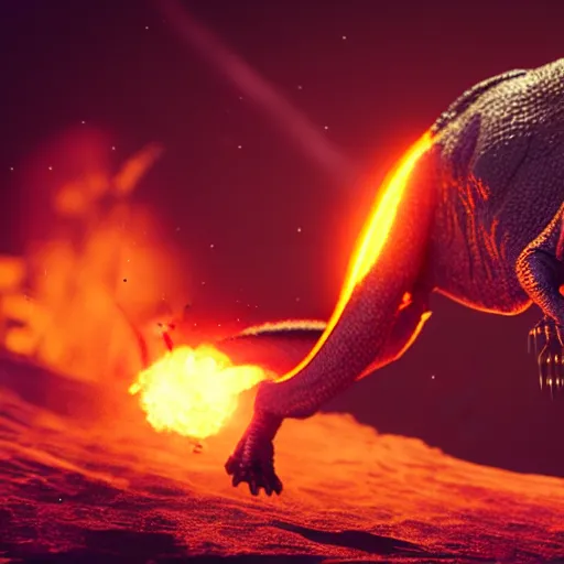 Prompt: an alien t-rex bursting fire out of its mouth in an unknown planet, octane render, bokeh, 3D