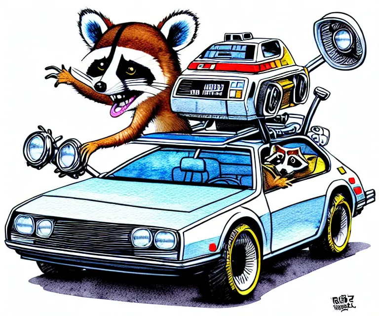 Image similar to cute and funny, racoon wearing a helmet riding in a tiny silver color hot rod dmc delorean with oversized engine, ratfink style by ed roth, centered award winning watercolor pen illustration, isometric illustration by chihiro iwasaki, edited by range murata, details by artgerm, full picture