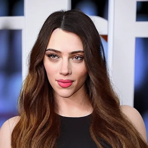 Image similar to a woman who is a genetic combination of kim kardashian and kat dennings and scarlett johansson and margot robbie and emma watson, face and upper - body focus