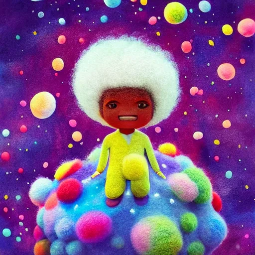 Prompt: a black boy with a colorful afro and big cute! eyes, dressed like an astronaut in a field of cotton candy, bokeh, bright colours, watercolor, volumetric wool felting, macro photography, children illustration, by goro fujita