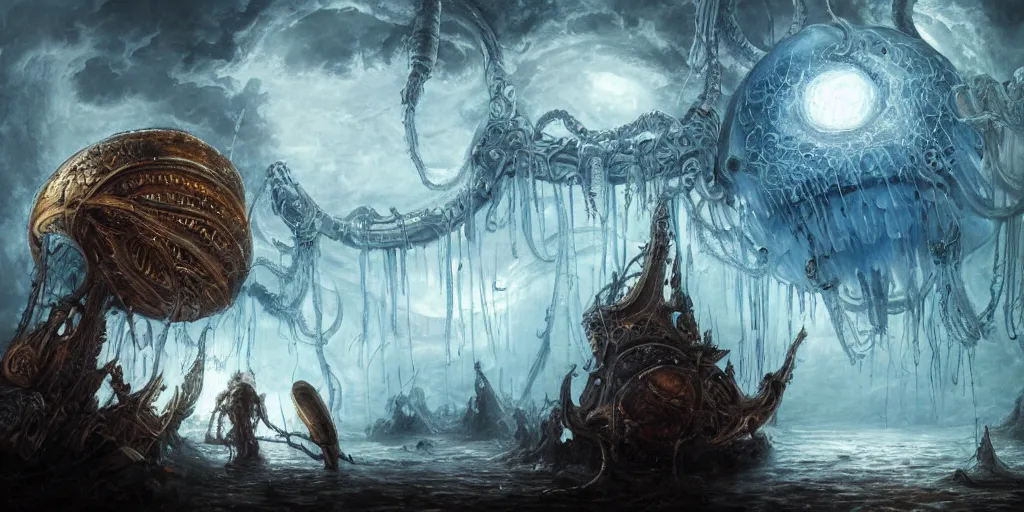 Image similar to concept art of giant translucent glowing jellyfishes, renaissance, divers helmet, lots of teeth, melting horror, round moon, rich clouds, fighting the horrors of the unknown, mirrors, very detailed, volumetric light, mist, grim, fine art, decaying, textured oil over canvas, epic fantasy art, very colorful, ornate, anato finnstark