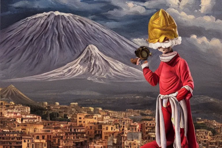 Image similar to a highly detailed pulcinella!!! from naples with pizza!! in the foreground, volcano in the background, full body, wide angle, an ultrafine detailed painting by achille superbi, post - apocalyptic vibe, trending on deviantart, whimsical, lowbrow, coherent, sharp focus, octane, masterpiece