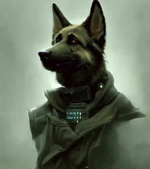 Image similar to new york city portrait of furry anthro anthropomorphic german shepard head animal person fursona wearing clothes strange cybernetic muzzle gloomy rainy cyberpunk 2077 digital art by Greg Rutkowski, Simon Stalenhag, christopher nolan trending on Artstation, CGSociety