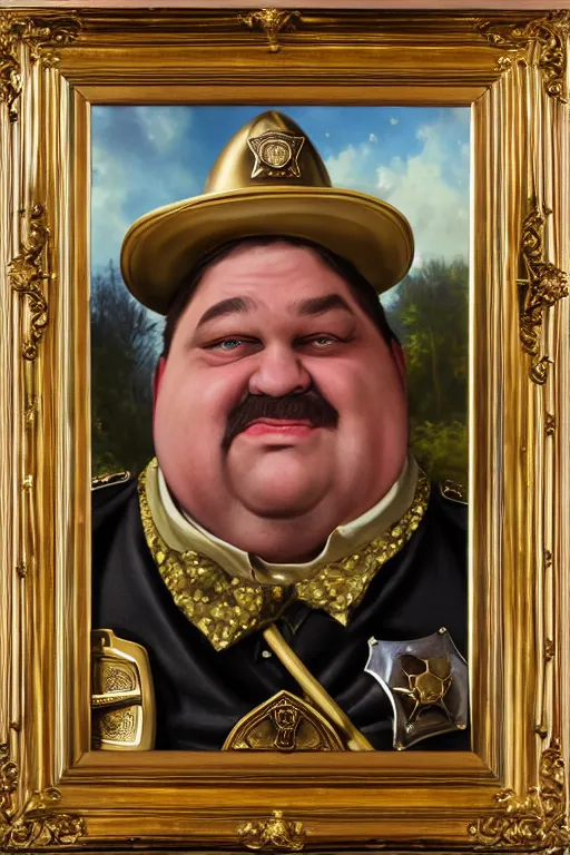 Image similar to high fantasy elf mall cop with a sheriff's badge that is fat, shifty, and incompetent, portrait from the chest up, Oil Painting, hyper realistic, dutch golden age, 3/4, bust 8k UHD scan