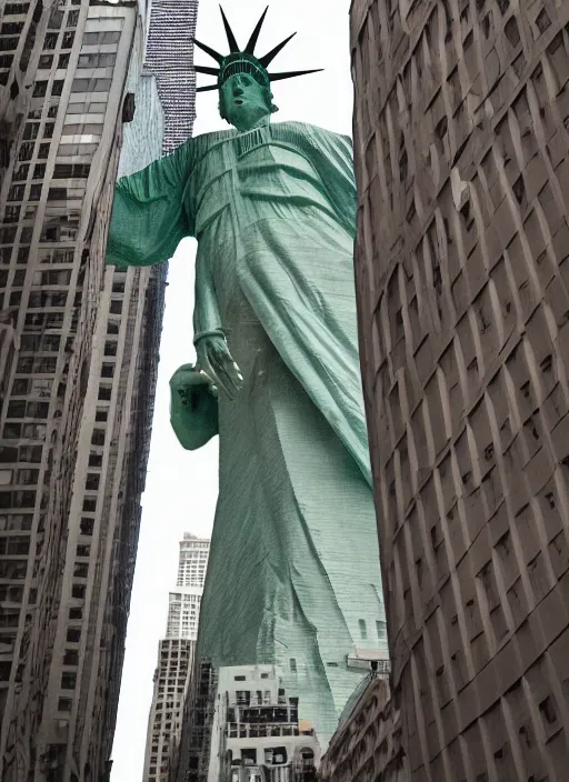 Prompt: giant monster walking between buildings, and it has the face of the statue of liberty