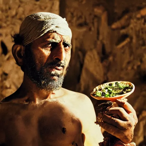 Image similar to cinematic still of angered middle eastern skinned man in ancient Canaanite clothing looking up while holding a plate of rotting fruit, mad, frustrated, jealous, Biblical epic by Christopher Nolan