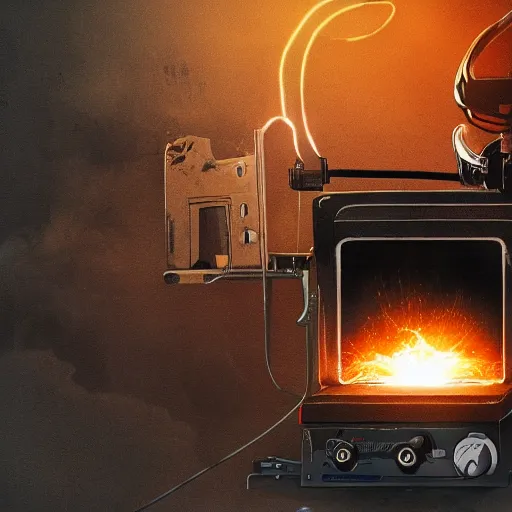 Image similar to cyborg toaster oven repairman, dark messy smoke - filled cluttered workshop, dark, dramatic lighting, orange tint, sparks, plasma rays, cinematic, highly detailed, sci - fi, futuristic, movie still