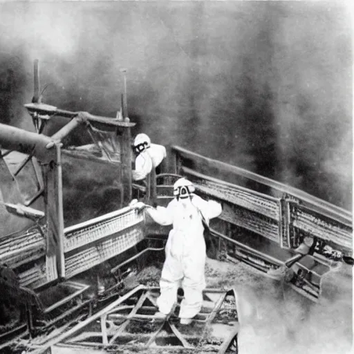 Image similar to old black and white photo, 1 9 1 3, depicting scientists in hazmat suits removing an alien biomechanical insect corpse on a bridge, historical record, volumetric fog