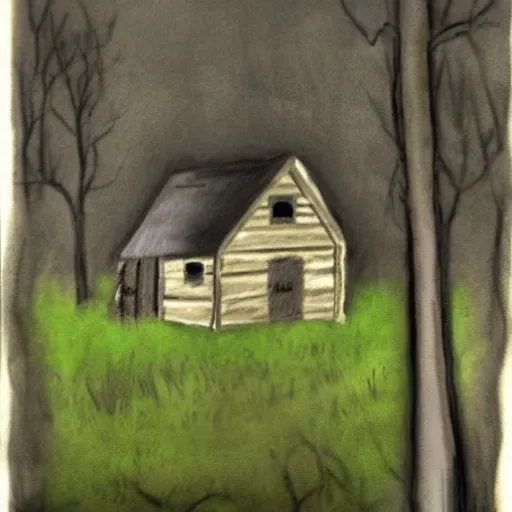 Image similar to a painting of a eerie cabin in the middle of the woods in the style of a charcoal sketch