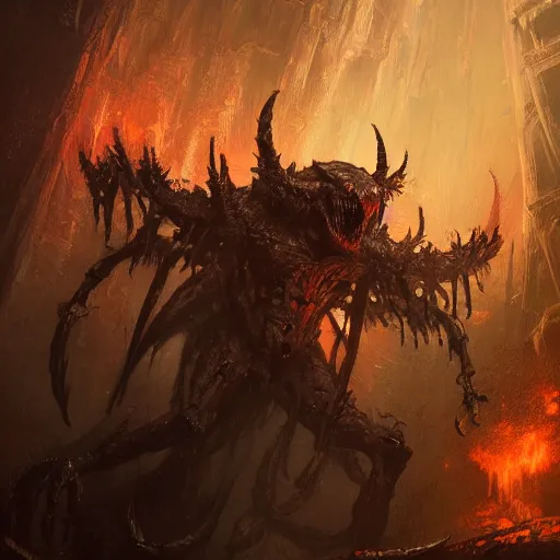 Prompt: medium shot of a demon overlord in the pits of hell, greg rutkowski, 8 k, shallow depth of field, intricate detail, concept art,