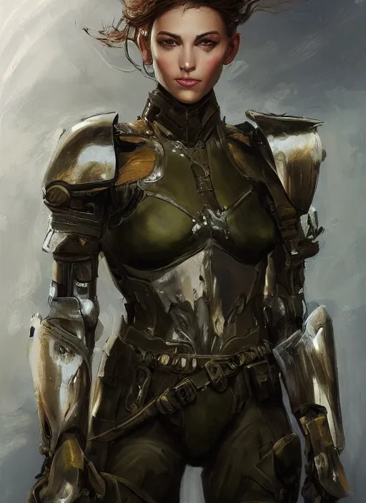 Image similar to a professional painting of a beautiful young female, clothed in military armor, olive skin, long dark hair, beautiful bone structure, symmetrical facial features, intricate, elegant, digital painting, concept art, smooth, sharp focus, illustration, from Metal Gear, by Ruan Jia and Mandy Jurgens and Artgerm and William-Adolphe Bouguerea