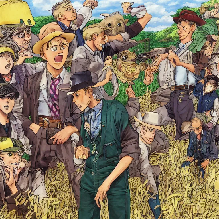 Image similar to realistic old macdonald on his farm in the style of jojo's bizarre adventure, hirohiko araki manga style highly detailed trending on artstation 8 k