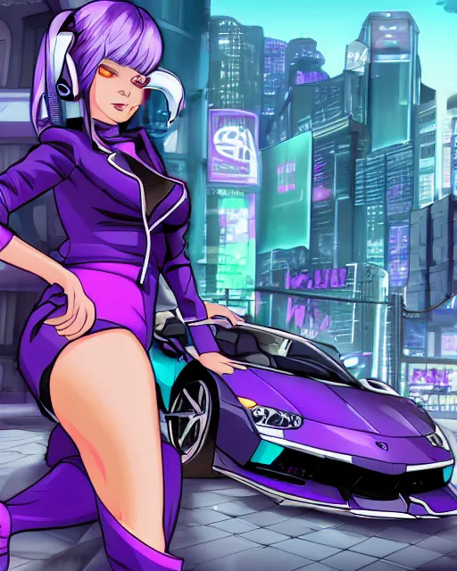 Image similar to cel shaded art of a pretty blue haired girl standing next to a purple lamborghinil, jet grind radio graphics, cyberpunk city street background