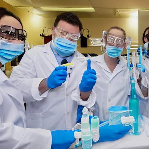 Prompt: doctors playing music with instruments made out of clear tubing, syringes, urine collection bag, iv pole, fluid bag, nebulizer equipment, bag - valve mask, intubation equipment, speculum, defibrillator, coban, flexiseal, picc dressing.