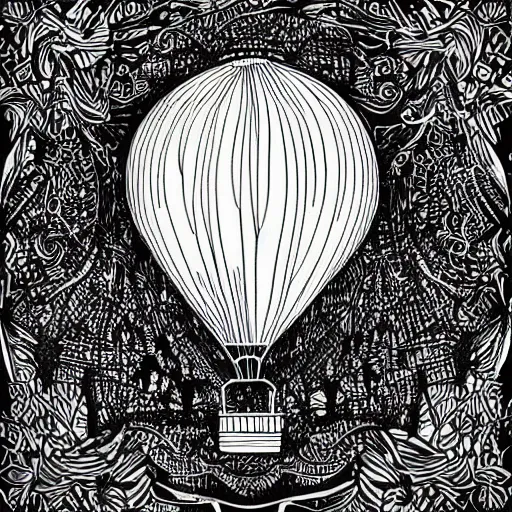 Prompt: a small victorian air balloon over a fantasy landscape, line art illustration , black and white, intricate details