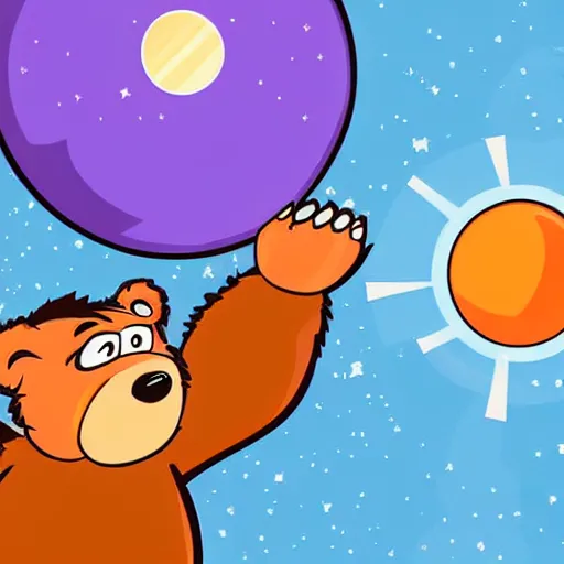 Image similar to cartoon illustration of a bear mascot being launched from a futuristic marble planet, purple and orange cloudland