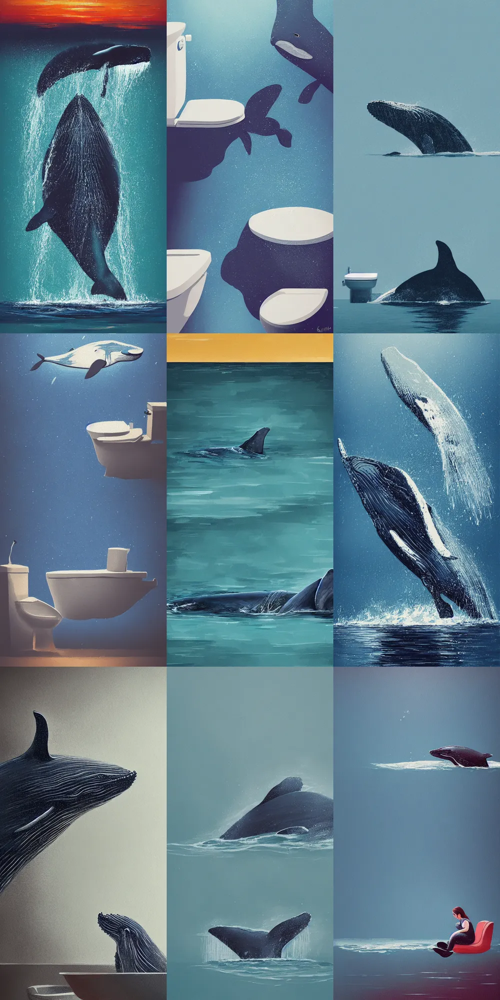 Prompt: a whale sitting on the toilet in the styled alena aenami