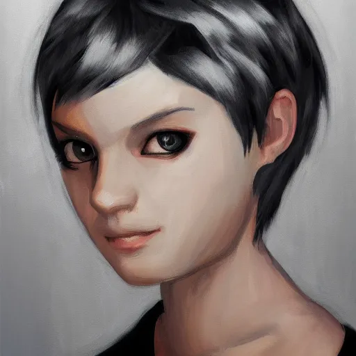 Prompt: Oil portrait with broad brush strokes of a girl with short white hair and black eyes in Final Fantasy style, abstract black and white background, large film grain, smooth gradients, sharp shapes