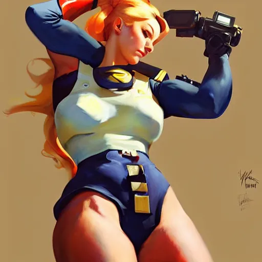 Image similar to Greg Manchess portrait painting of Cammy White as Overwatch character, medium shot, asymmetrical, profile picture, Organic Painting, sunny day, Matte Painting, bold shapes, hard edges, street art, trending on artstation, by Huang Guangjian and Gil Elvgren and Sachin Teng