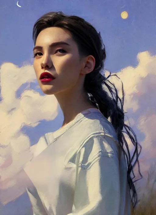 Image similar to portrait of Sailor Moon, countryside, calm, fantasy character portrait, dynamic pose, above view, sunny day, thunder clouds in the sky, artwork by Jeremy Lipkin and Giuseppe Dangelico Pino and Michael Garmash and Rob Rey, very coherent asymmetrical artwork, sharp edges, perfect face, simple form, 100mm