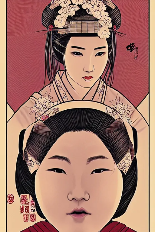 Prompt: a portrait of a japanese geisha, drawn by robbie trevino and dan mumford, poster, digital art, comic art, concept art, single head, no double head,