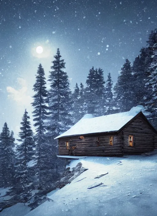 Image similar to an abandoned cabin on the top of a snowy mountain, waxing moon, greg rutkowski, 8 k, shallow depth of field, intricate detail, concept art,