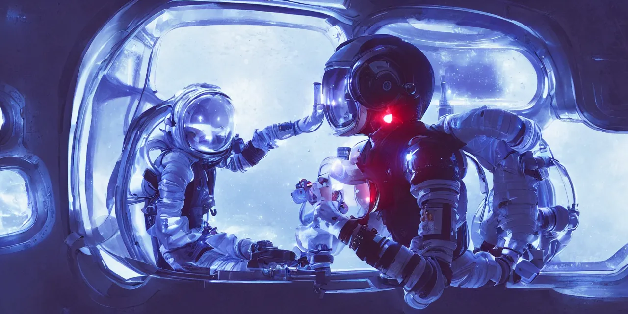 Prompt: Zoe Kravitz short hair , futuristic astronaut, clear helmet with HUD and small LED lights, inside large window of ship, spacesuit with small led lights, underwater in the ocean at night, clear water, bubbles, volumetric lighting, blue and red glowing lights, 4k, octane, digital painting, artstation, concept art, sharp focus, illustration, high contrast, high saturation , cinematic film still, art by artgerm and greg rutkowski and alphonse mucha , wide angle view,