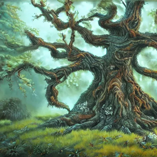 Prompt: A 100 year old tree, fantasy painting, lots of detail