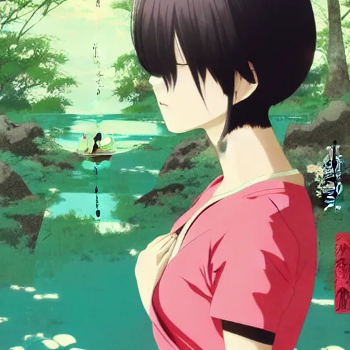 Prompt: anime key visual of a woman with short green hair meditating near a japanese spring by ilya kuvshinov