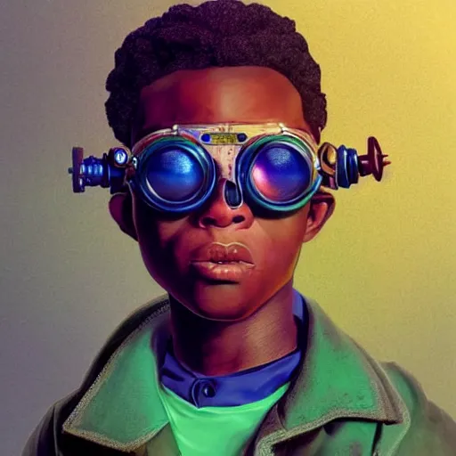 Image similar to colourful vfx upper half - portrait - art of a nigerian boy wearing steam punk goggles, art by alphonse mucha & james jean, digital render, digital illustration, concept art, caricature, volumetric light, ray tracing, symmetrical, unreal engine, octane 3 d render, sharp, detailed, intricate detail, pinterest, behance, art station,