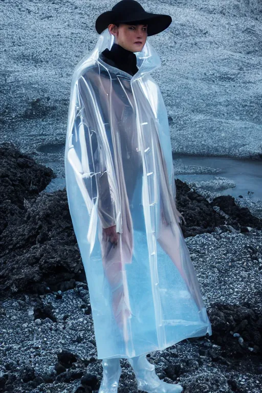 Image similar to an ultra high definition professional high fashion portrait studio full length photograph of a model wearing a transparent pearlescent raincoat and neon visor in an icelandic black rock environment at dawn. no artefacts. extremely detailed. stark. shallow depth of field. volumetric light and shadow. ray tracing. light ray.