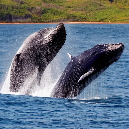 Prompt: two whales talking about food. with callouts