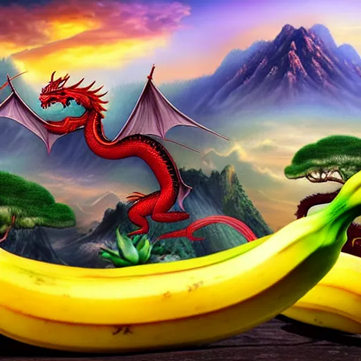 Image similar to Chinese president with bananas, battle with dragon, mountains background, fantasy art, 4k