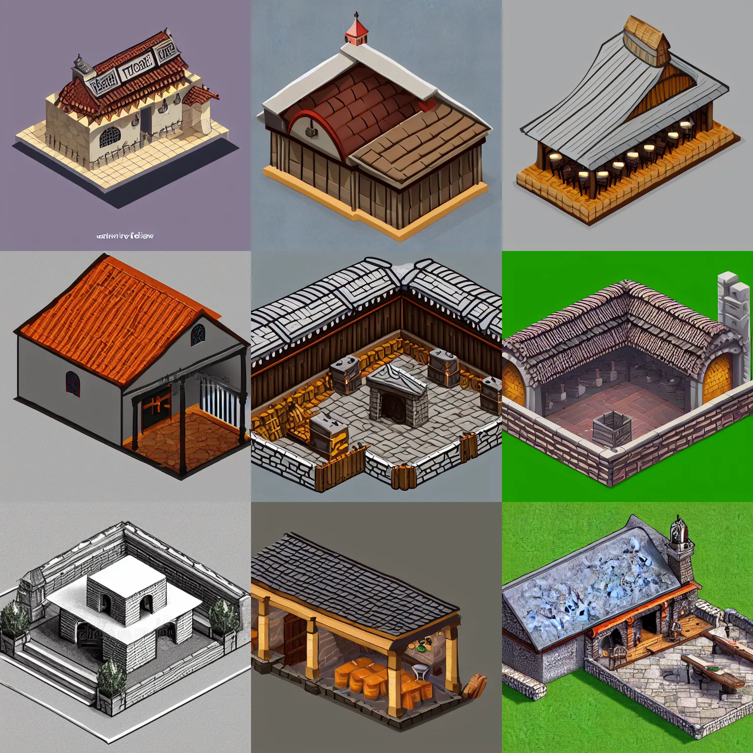 Prompt: isometric view, detailed medieval tavern exterior, asset on grey background