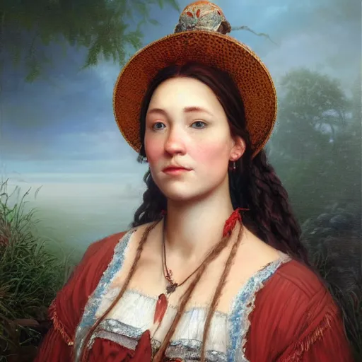 Image similar to portrait of a frysian woman ( 3 5 ) from friesland in 2 0 2 1, an oil painting by ross tran and thomas kincade