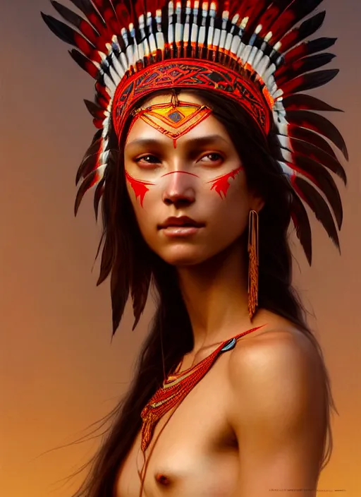 Image similar to gorgeous redskin woman wearing headdress, intricate, elegant, highly detailed, artstation, concept art, smooth, sharp focus, illustration, art by and greg rutkowski and orientalism and bouguereau