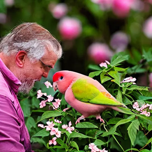 Image similar to a pink and white rosy - faced lovebird eating a old man in a flower garden on a cloudy day. photograph
