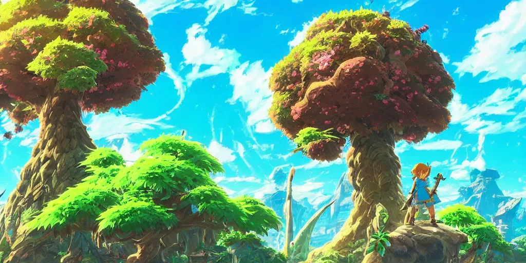 Image similar to epic cannabis tree, vivid tones, wide angle, by miyazaki, nausicaa, studio ghibli, breath of the wild