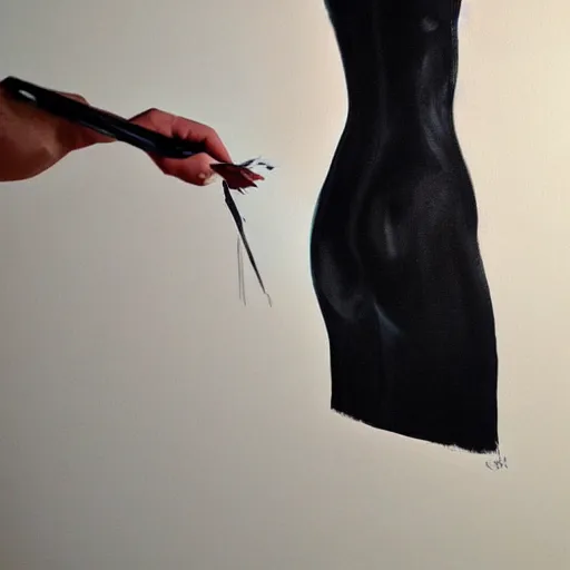 Image similar to a messy painting of a black dress being unzipped from behind