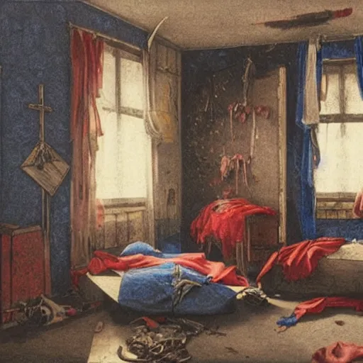 Prompt: male artist's messy, cluttered, dirty bedroom with dark black wallpaper with blue floral pattern and a large red christian cross hanging on the wall. items covering floor. cross hanging on wall. realistic, highly detailed, sharp focus, volumetric lighting, full shot, wide view, unreal engine, art by vittore carpaccio