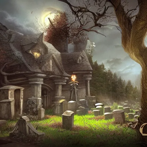 Image similar to taver, pub, graveyard, Fantasy Art