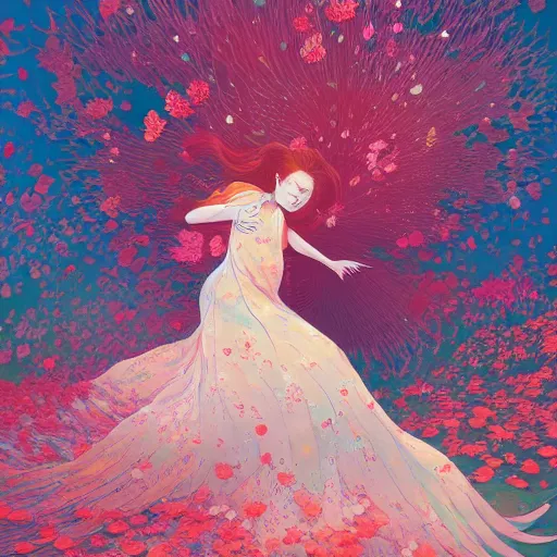 Image similar to Ginger woman in a swirling sundress of flowers, underwater, floral explosion, radiant light, vortex of plum petals, by WLOP, Victo Ngai and artgerm, artstation, deviantart